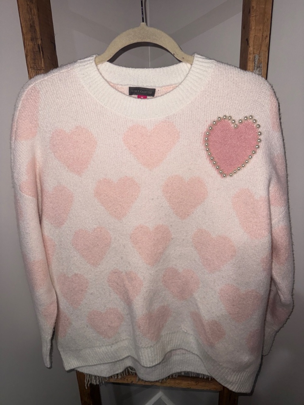 Vince Camuto Cream & Pink Heart-Print Crewneck Sweater with Pearl Accent